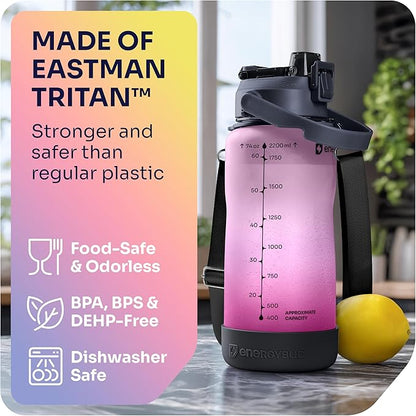 1/2 Gallon Water Bottle with 74.3 oz Capacity - Motivational Time Markers for Daily Hydration Goals - Leakproof BPA Free Tritan with Removable Straw