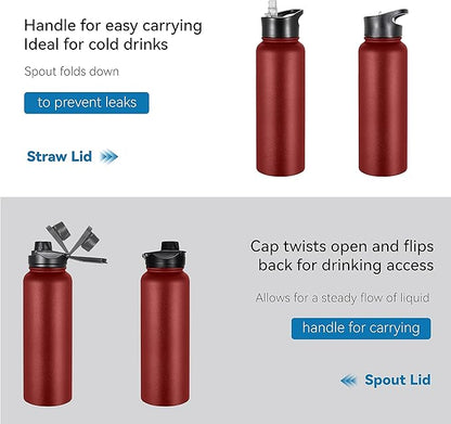 VEGOND 40 oz Insulated Water Bottle Bulk Stainless Steel Metal Water Bottles with Leak Proof Straw Lid & Spout Lid, Wide Mouth Double Walled Vacuum Travel Sports Bottle, Red 4 Pack