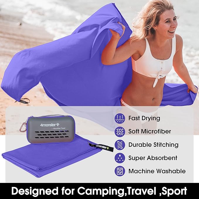 4Monster Quick Dry Travel Towel with Case & Carabiner – Super Absorbent Microfiber Gym & Camping Towel. Compact, Lightweight, Fast Drying for Beach, Swimming, Hiking, Backpacking