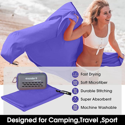 4Monster Quick Dry Travel Towel with Case & Carabiner – Super Absorbent Microfiber Gym & Camping Towel. Compact, Lightweight, Fast Drying for Beach, Swimming, Hiking, Backpacking