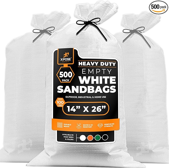 Xpose Safety Heavy Duty Sand Bags with Tie Strings – Empty Woven Polypropylene Sandbags for Hurricane Flood Protection, 100 lb Capacity, 14" x 26", White, Pack of 500