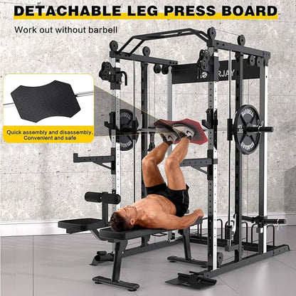 Smith Machine Strength Training Squat Rack with Smith Bar, Power Cage with LAT Pull-Down Systems, Cable Crossover Machine for Home Gym