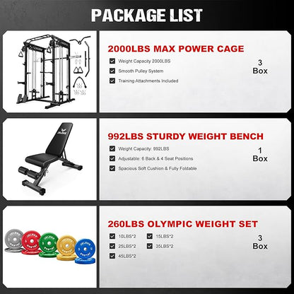 M21 Smith Machine, Multi-Function Power Cage with Dual Pulley Cable Crossover System, 2000LBS All-in-One Squat Rack with Smith Bar and Attachments for Home Gym Strength Training