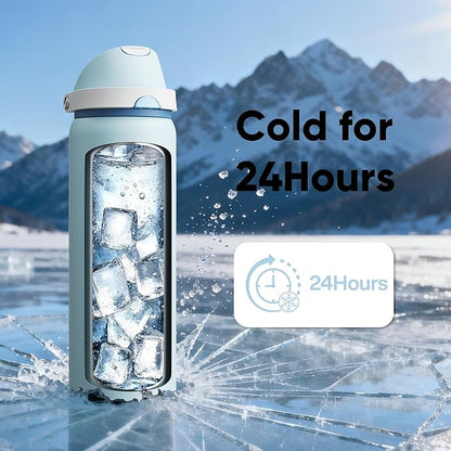 Insulated Water Bottle with Straw - Encool Stainless Steel Water Bottle with Push Button Lid, Leak-Proof & BPA-Free, Keeps Cold for 24 Hours for Sports, Travel, Gym (32 oz, Jungle Mist)