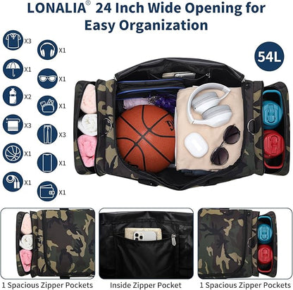 24 inch Gym Duffle Bag with Shoe Compartment - 55L Mens Gym Bag for Sport Travel Workout-Camo