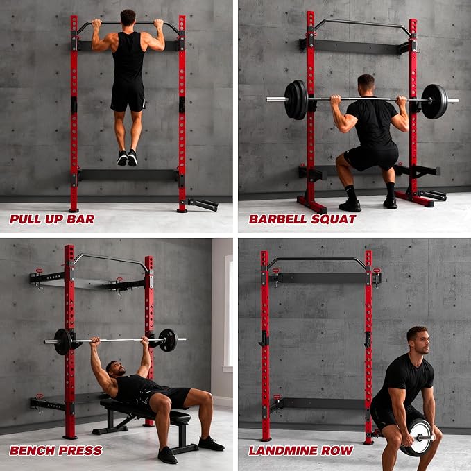 MU 2" x 2" Folding Squat Rack, 1100LBS Wall Mounted Power Rack with Adjustable Pull Up Bar, J Hooks, Landmine, Foldable Squat Rack for Home Gym, Garage, Training Studios (Black and Red)