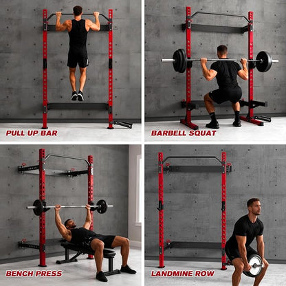 MU 2" x 2" Folding Squat Rack, 1100LBS Wall Mounted Power Rack with Adjustable Pull Up Bar, J Hooks, Landmine, Foldable Squat Rack for Home Gym, Garage, Training Studios (Black and Red)