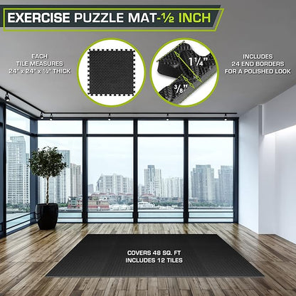 ProsourceFit Puzzle Exercise Mat ½ in, EVA Interlocking Foam Floor Tiles for Home Gym, Mat for Home Workout Equipment, Floor Padding for Kids, Black, 24 in x 24 in x ½ in, 48 Sq Ft - 12 Tiles