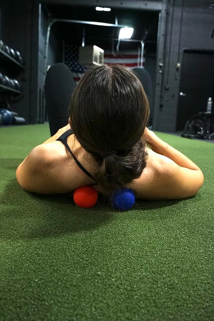 Lacrosse Massage Balls for Trigger Point Therapy, Muscle Knots, Yoga, Myofascial Release - Contains Pair of 2 Balls and Mesh Carrying Bag (Red and Blue)