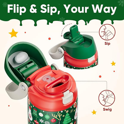 Christmas Insulated Water Bottle with Straw - Leak Proof Stainless Steel Water Bottle for School, Travel, Keeps Cold All Day, One-Touch Flip Lid, Holiday Gifts For Women Men, 24 oz, Frosty Forest