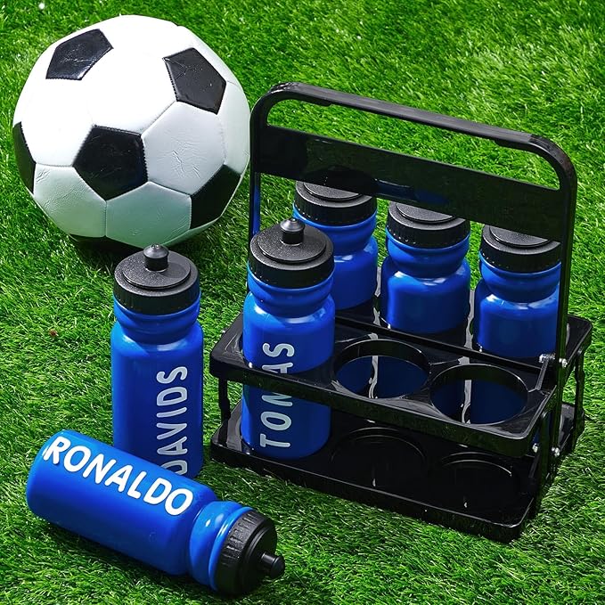 Suclain 14 Pcs Water Bottle Carrier with 20 Oz Bottles and Stickers Plastic Wide Mouth Sports Water Bottle Squeeze Team Bottles with Black Lid for Fitness Bike Gym (Dark Blue)