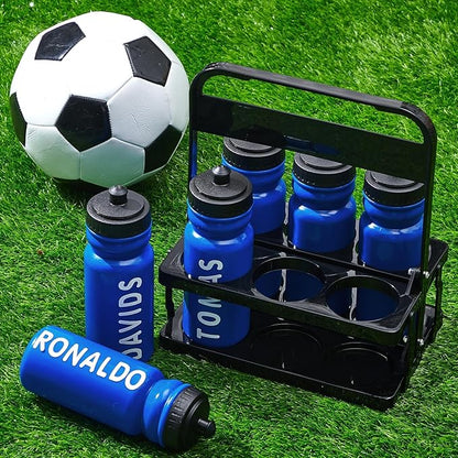 Suclain 14 Pcs Water Bottle Carrier with 20 Oz Bottles and Stickers Plastic Wide Mouth Sports Water Bottle Squeeze Team Bottles with Black Lid for Fitness Bike Gym (Dark Blue)