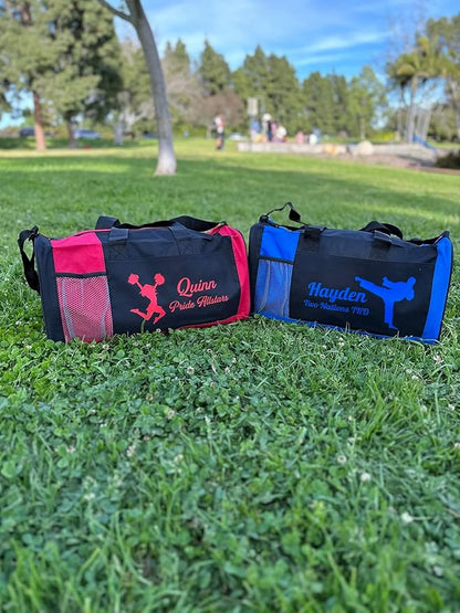 KishKesh Personalized Sport Duffel Bag – Ideal for Cheerleading, Gym, Travel, Training & Workout Essential for Female – Durable, Customizable Name & Text for Kids and Adults – Blue, 18" X 10" X 8"