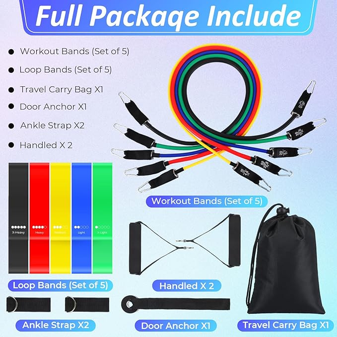 Duraaamo 17 Pcs Resistance Loop Tube Exercise Bands Set for Working Out Handles Door Anchor Ankle Strap Portable Fitness Equipment with Instruction Carry Bag for Home Fitness Yoga Stretching Therapy