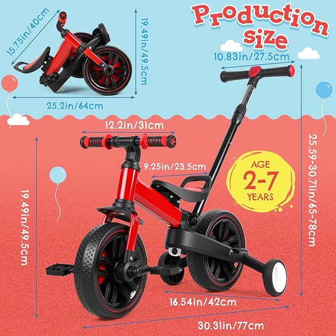 Toddler Bike, 6-in-1 Multi-Functional Kids Bicycle Convertible to Balance Bike, Trike with Training Wheels, Adjustable Saddle and All-Terrain Tires for Boys Girls Age 2-5 (Red)