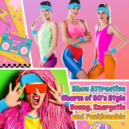 3 Pack Neon Sweatbands Set 80s Wristband and Headband Color War Accessories Sports Sweatbands for Summer Ball Party