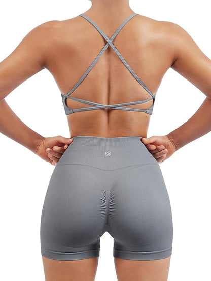 SUUKSESS Women Seamless Workout Sets Strappy Sports Bra High Waist Booty Shorts Outfits