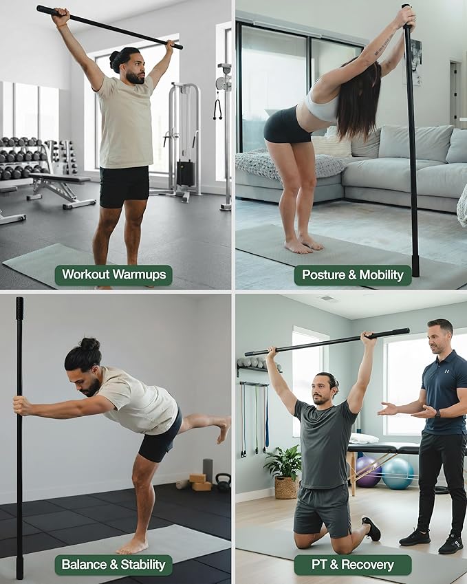 Yoga Stick - 5ft Bamboo Stretching Stick for Mobility with 20+ Video Tutorials - Posture Corrector, Stiffness Relief - Dowel Rod for Physical Therapy, Exercise Stick for Stretching with Non-Slip Grips