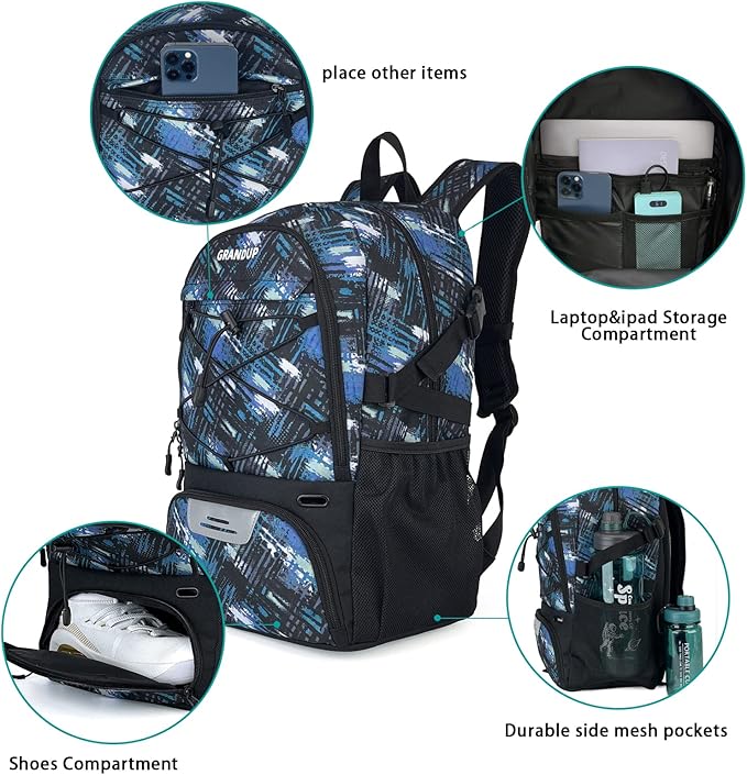 GRANDUP Basketball backpack with ball and shoes compartment Fit Volleyball, soccer, Swim, Gym, Travel, and School, large capacity sports training equipment bags