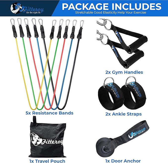 Home Gym Workout Bands - Resistance Band Weight Set Includes 5 Stackable Tension Bands, Premium Exercise Handles, Ankle Straps, Door Anchor and Carry Bag for Exercise & Physical Therapy