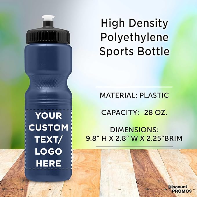 DISCOUNT PROMOS 28 oz. Custom Push Cap Plastic Water Bottles Set of 10/50/100, Personalized Bulk Pack - Perfect for Gym, Hiking, Camping, Outdoor Sports - Navy Blue