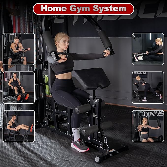 Multi-Functional Home Gym Workout Equipment, All-in-One Smith Machine w/150lbs Weight Stack&Cable Crossover, Leg Press, PEC Fly, LAT, Squat, Heavy Duty Full Body Training for Family, Black