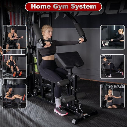 Multi-Functional Home Gym Workout Equipment, All-in-One Smith Machine w/150lbs Weight Stack&Cable Crossover, Leg Press, PEC Fly, LAT, Squat, Heavy Duty Full Body Training for Family, Black