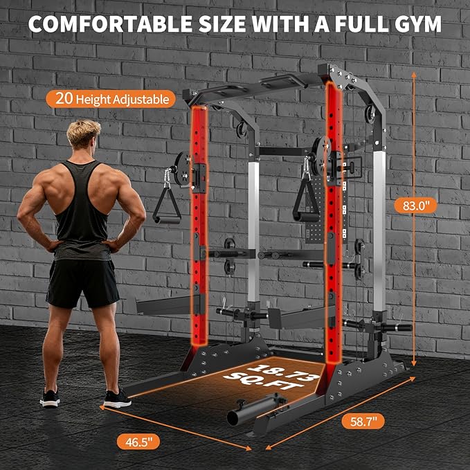 Power Cage, 2000LB Power Rack with Independent Dual Pulley System, Multi-Function Home Gym Workout Machine for Stability & Strength Training