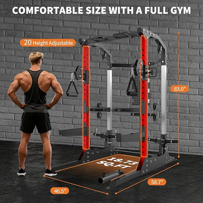 Power Cage, 2000LB Power Rack with Independent Dual Pulley System, Multi-Function Home Gym Workout Machine for Stability & Strength Training
