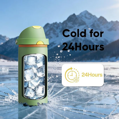 Insulated Water Bottle with Straw - Encool Stainless Steel Water Bottle with Push Button Lid, Leak-Proof & BPA-Free, Keeps Cold for 24 Hours for Sports, Travel, Gym (18 oz, Lichen-Yellow)