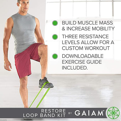 Gaiam Restore Loop Band Kit,Set of 3, Light, Medium,Heavy Lower Body Loop Resistance Bands for Legs and Booty Exercises & Workouts,15"x 4"Bands