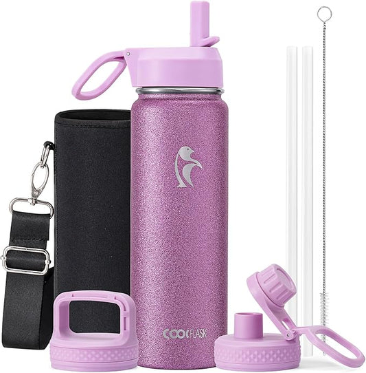 Coolflask Water Bottle 24 oz Insulated with Straw, Stainless Steel Metal 3 Lids Water Flask Wide Mouth for Sports or Office, Non-BPA Keep Cold Up to 48 Hrs or Hot Up to 24 Hrs, Glitter Pink