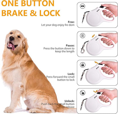 Fida Retractable Dog Leash for Small Breed up to 26 lbs, 16 ft Pet Walking Leash with Dispenser and Poop Bags, Anti-Slip Handle, Reflective Strong Nylon Tape, One-Handed Brake (S, White & Pink)