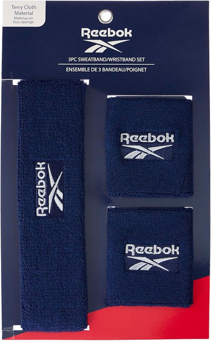 3pc Unisex Athletic Sweatband Set - 2.25in Workout Headband & 3.25in Wristbands w/Stay Dry Technology, Terry Cloth Band Moisture-Wicking Fabric | Quality Fitness Accessories for Active Comfort-Reebok
