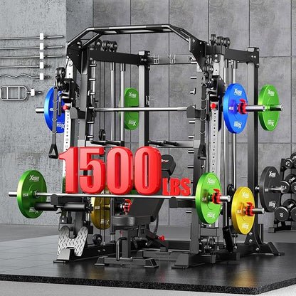 Smith Machine with Cable Crossover System, Multi-Function Squat Rack Power Cage for Home Gym, Power Rack and Packages Weight Sets