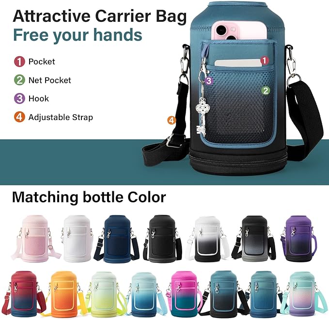 64 oz Insulated Water Bottle | Thickened Stainless Steel Water Jug for Gym and Hiking with Straw, Carrier Bag, Handle Strap | BPA-Free 64 oz