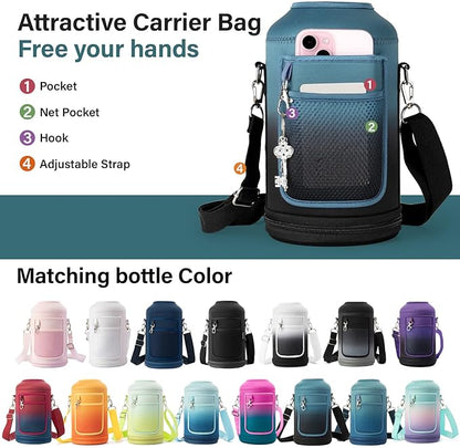 64 oz Insulated Water Bottle | Thickened Stainless Steel Water Jug for Gym and Hiking with Straw, Carrier Bag, Handle Strap | BPA-Free 64 oz