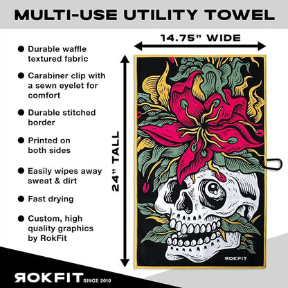 RokFit Gym & Golf Towel – Multi-Use, Quick-Dry, Durable Utility Towel with Bold Graphic and Carabiner Clip (Eternal Bloom)