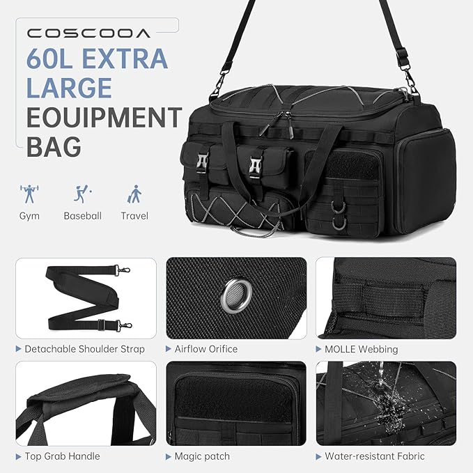 Tactical Gym Bags for Men, Carry On Luggage 22x14x9 Airline Approved, 3 in 1 Duffle Bag with Shoe Compartment,Travel Backpack Weekender Overnight Range Bag for Workout Football, Black