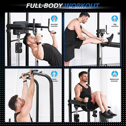 Dland Power Tower Dip Station Pull Up Bar Exercise Tower, Multi-Function Adjustable Training Equipment for Home Gym, Strength Training Workout Equipment, Black