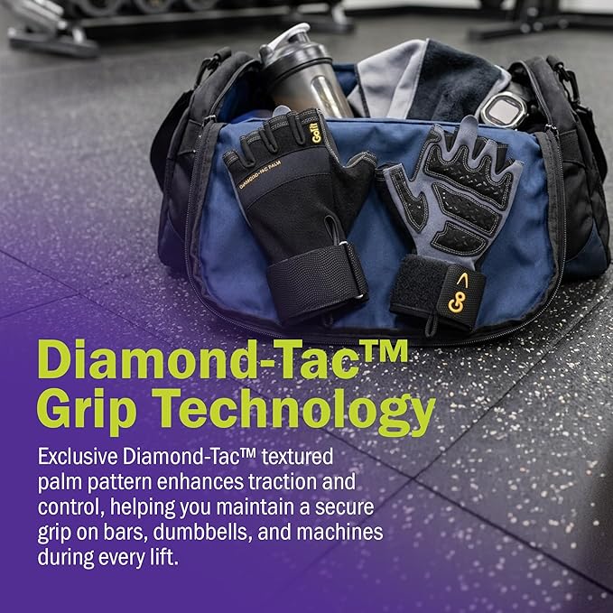 GoFit Diamond Tac Wrist Wrap Workout Gloves for Weightlifting Training Fitness Gym Gloves with Padded Wrist Support Flexible Neoprene Knuckle Panel Reinforced Grip Palm Pull Tab Fingers with CD