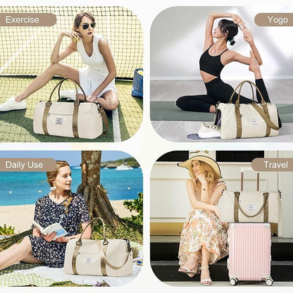 Gym Bag for Women with Shoes Compartment,Small Duffel Bag Sport bag with Toiletry Bag Overnight Travel Tote Bags Weekender Carry on Bags Personal Item Bag for Airlines Beige Brown
