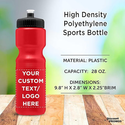 DISCOUNT PROMOS 28 oz. Custom Push Cap Plastic Water Bottles Set of 10/50/100, Personalized Bulk Pack - Perfect for Gym, Hiking, Camping, Outdoor Sports -Red