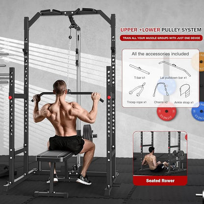 Power Cage, Multi-Function Power Rack with Pulley System Strength Training for Home Gym, Bench Press Squat LAT Pull-Down Pull-up Rowing, All in One Workout Cage