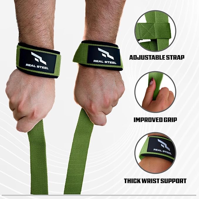 Real Steel Lifting Wrist Straps for Weightlifting, Bodybuilding, Powerlifting, Strength Training, & Deadlifts - Padded Neoprene with 24 inch Cotton