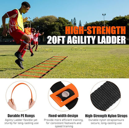 Agility Speed Training Equipment Set, Football Practise Set with 20ft Agility Ladder, 12 Cones, 4 Adjustable Hurdles, Jump Rope, for Basketball, Soccer Training, Football, Kids, Youth, Adults