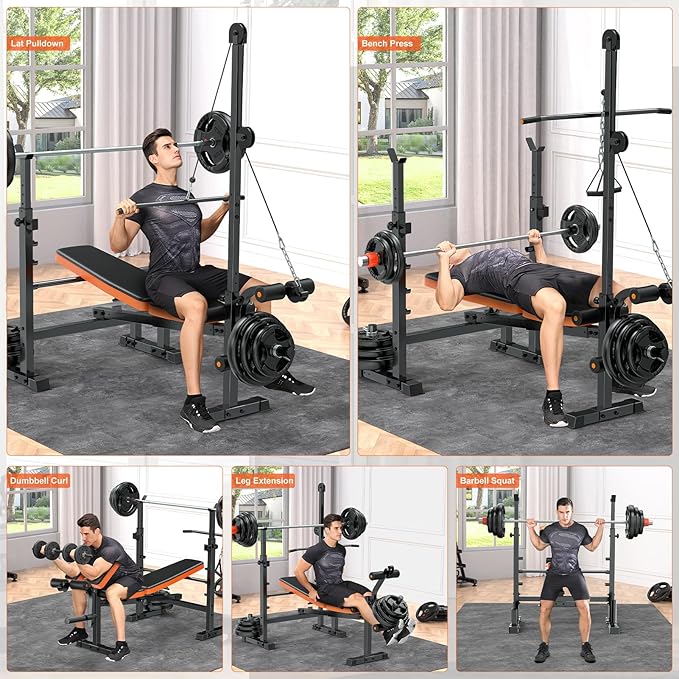 Fostoy 9-in-1 Adjustable Olympic Weight Bench with Lat Pulldown, Row, Squat Rack & Leg Curl – Multi-Function Strength Training Bench Press for Home Gym Full Body Workout