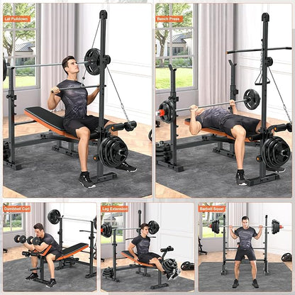 Fostoy 9-in-1 Adjustable Olympic Weight Bench with Lat Pulldown, Row, Squat Rack & Leg Curl – Multi-Function Strength Training Bench Press for Home Gym Full Body Workout
