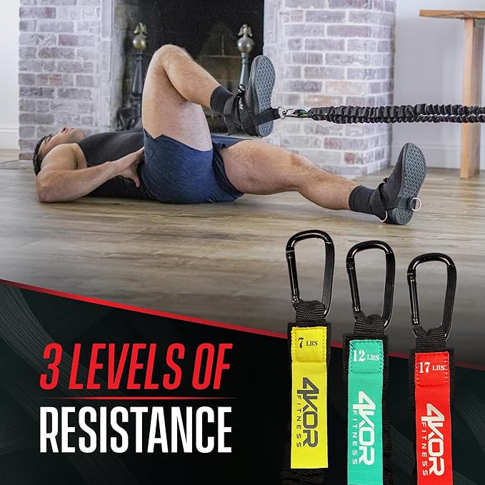 4KOR Deluxe Shoulder and Full Body Cross Anchored Resistance Cord System with Interchangeable Handles, Foot Straps, and Workout Guide. Exercise Bands with Nylon Sleeves, Anchors, and Carry Bag