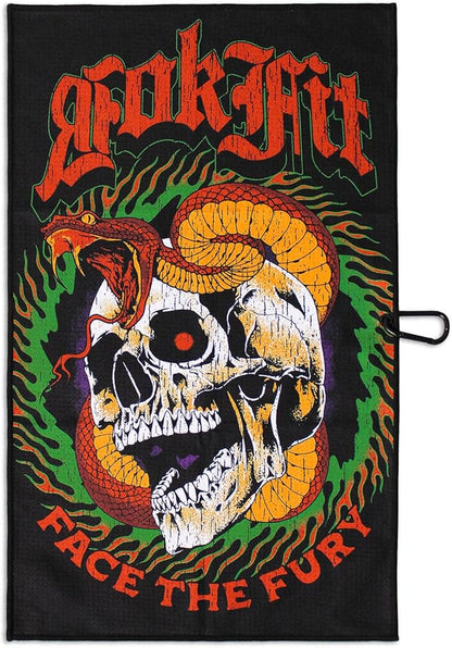 RokFit Gym & Golf Towel – Multi-Use, Quick-Dry, Durable Utility Towel with Bold Graphic and Carabiner Clip (Face The Fury)